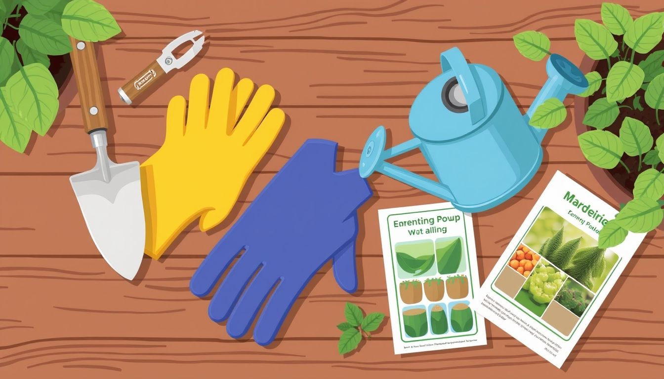 Essential gardening tools on a wooden table