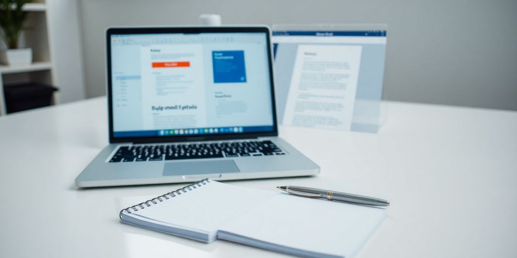 Espaço de trabalho com laptop e caderno.