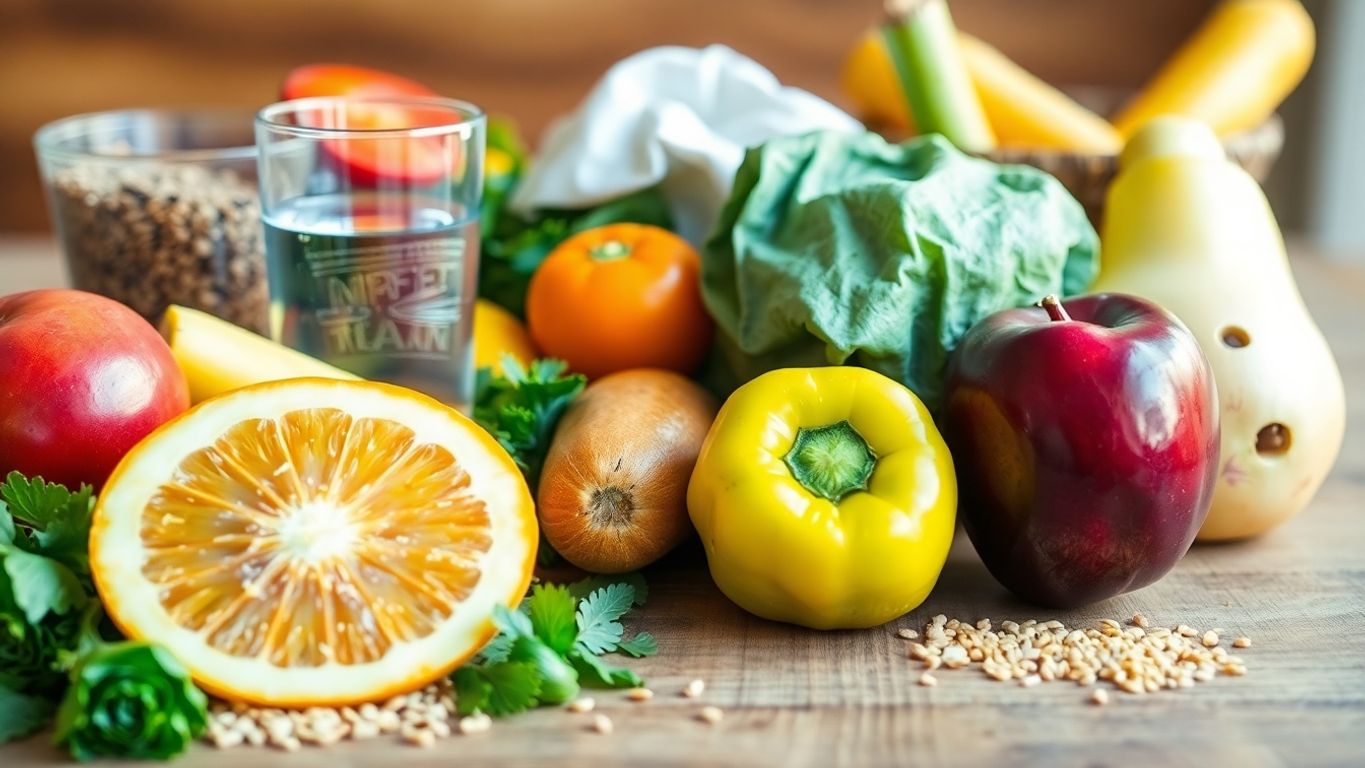 Healthy foods for managing Type 2 Diabetes on a table.