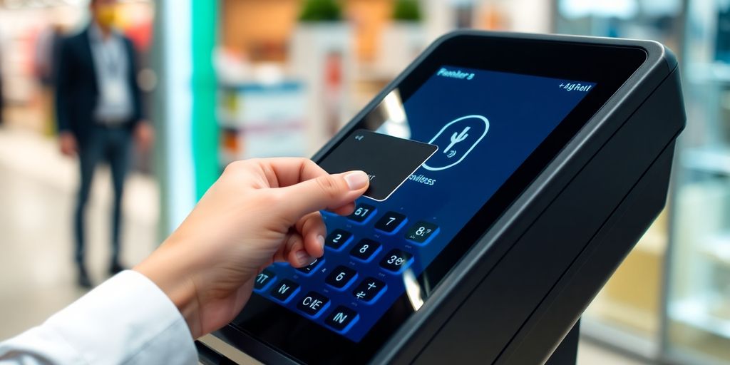 Digital payment terminal with a hand using a card.