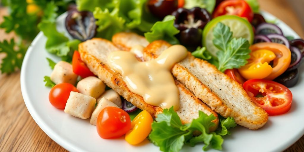 Hearty salad with colorful vegetables and lean protein.