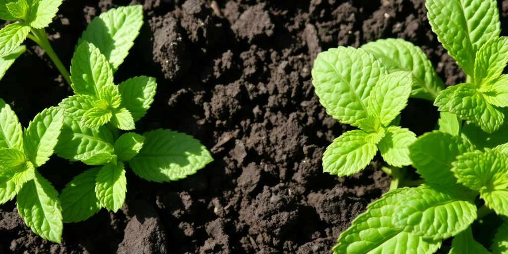 Vibrant mint leaves and rich compost in a garden setting.