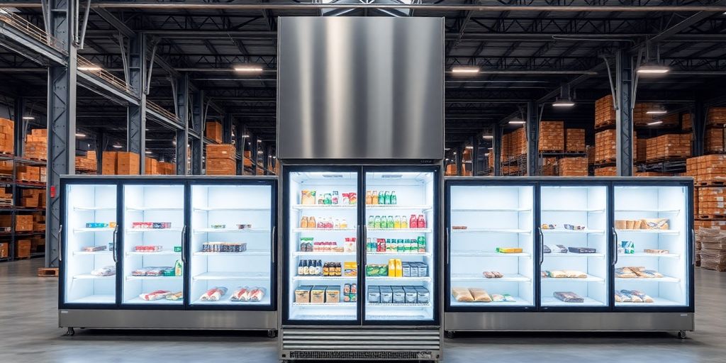 Industrial refrigerator in a warehouse with organized food products.