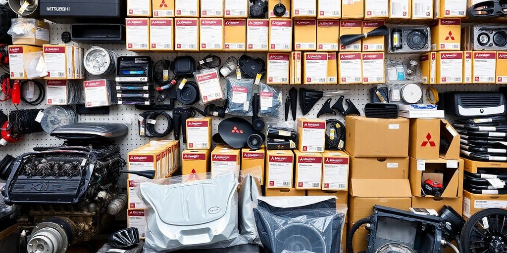 Genuine Mitsubishi parts laid out neatly.