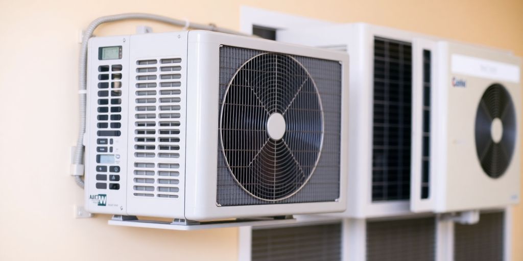 Climatiseur réversible extérieur et intérieur avec un fond de maison.