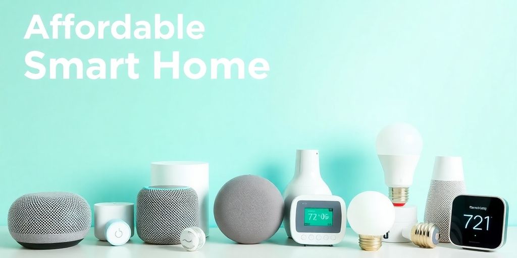 Verschiedene erschwingliche Smart-Home-Geräte in ansprechender Anordnung.