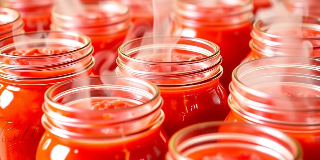 Jars of tomato sauce sealed after water bath canning.