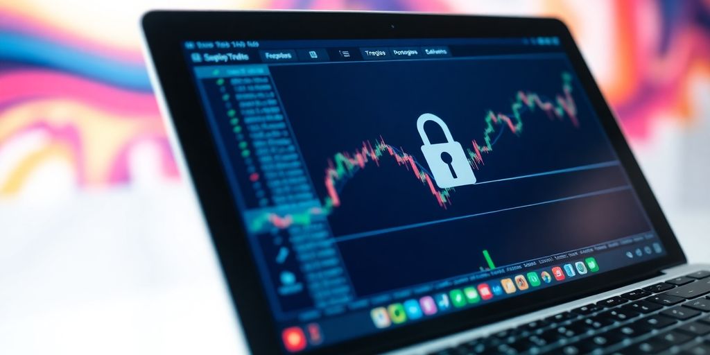 Close-up of a secure trading platform interface on laptop.