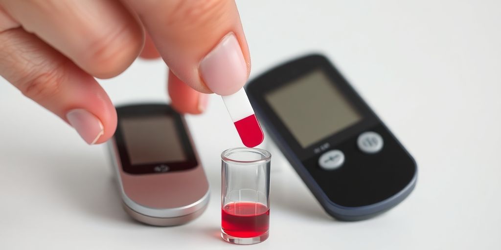 Hand placing test strip into glucose meter next to vial.