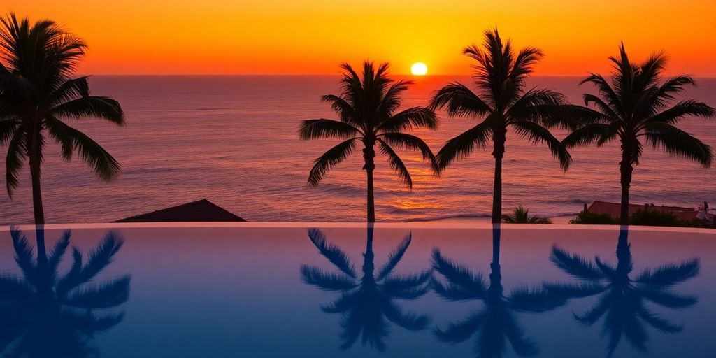 Luxury resort pool overlooking ocean at sunset.