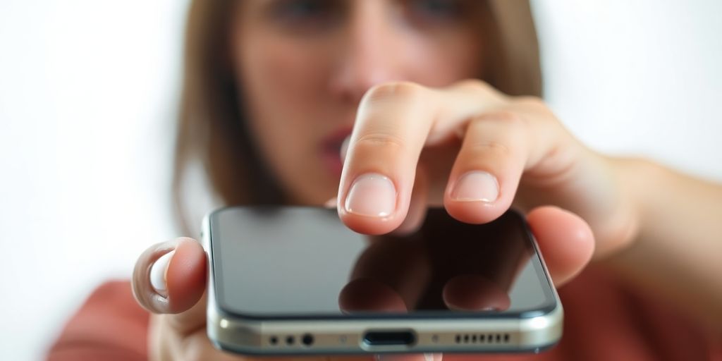 Smartphone com tela não responsiva e mão frustrada.