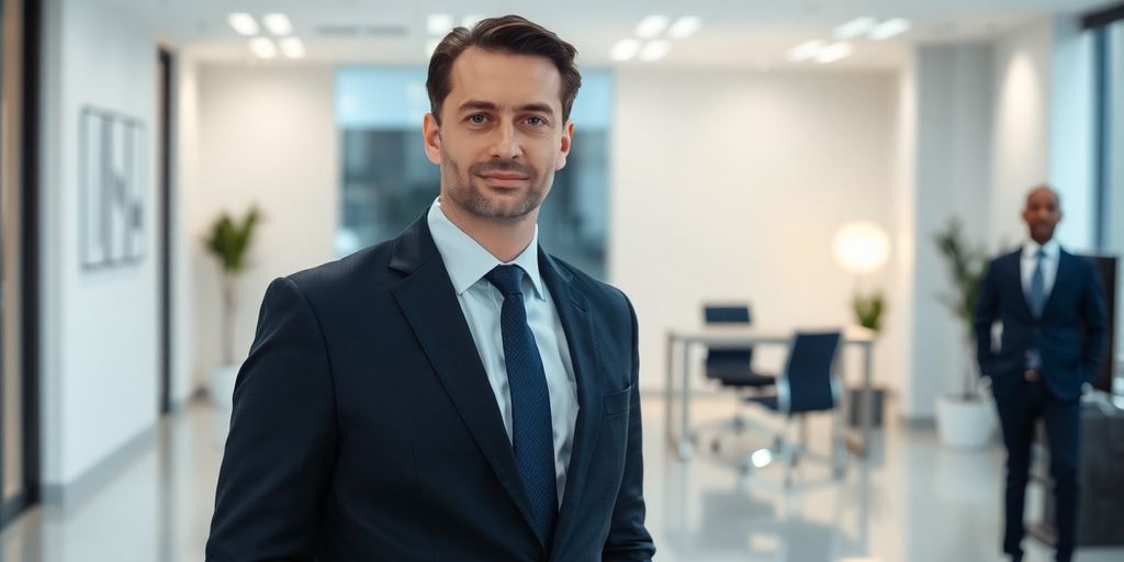 Well-dressed person, professional setting.
