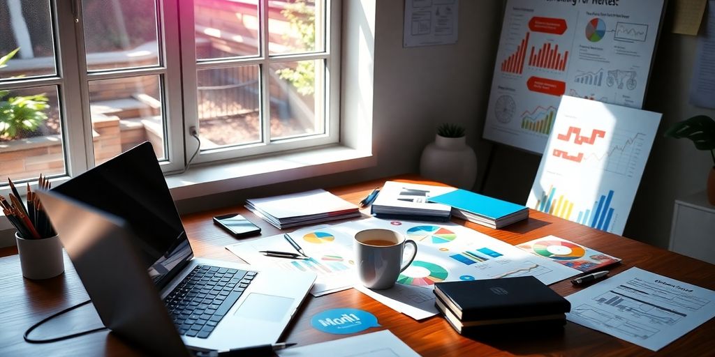 A workspace with a laptop and marketing materials.