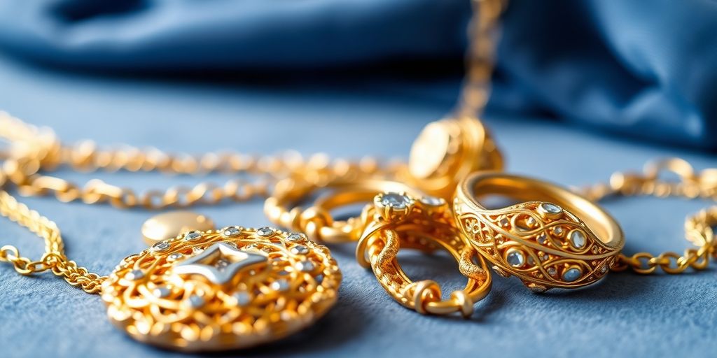 Bijoux en or sur un tissu en velours.