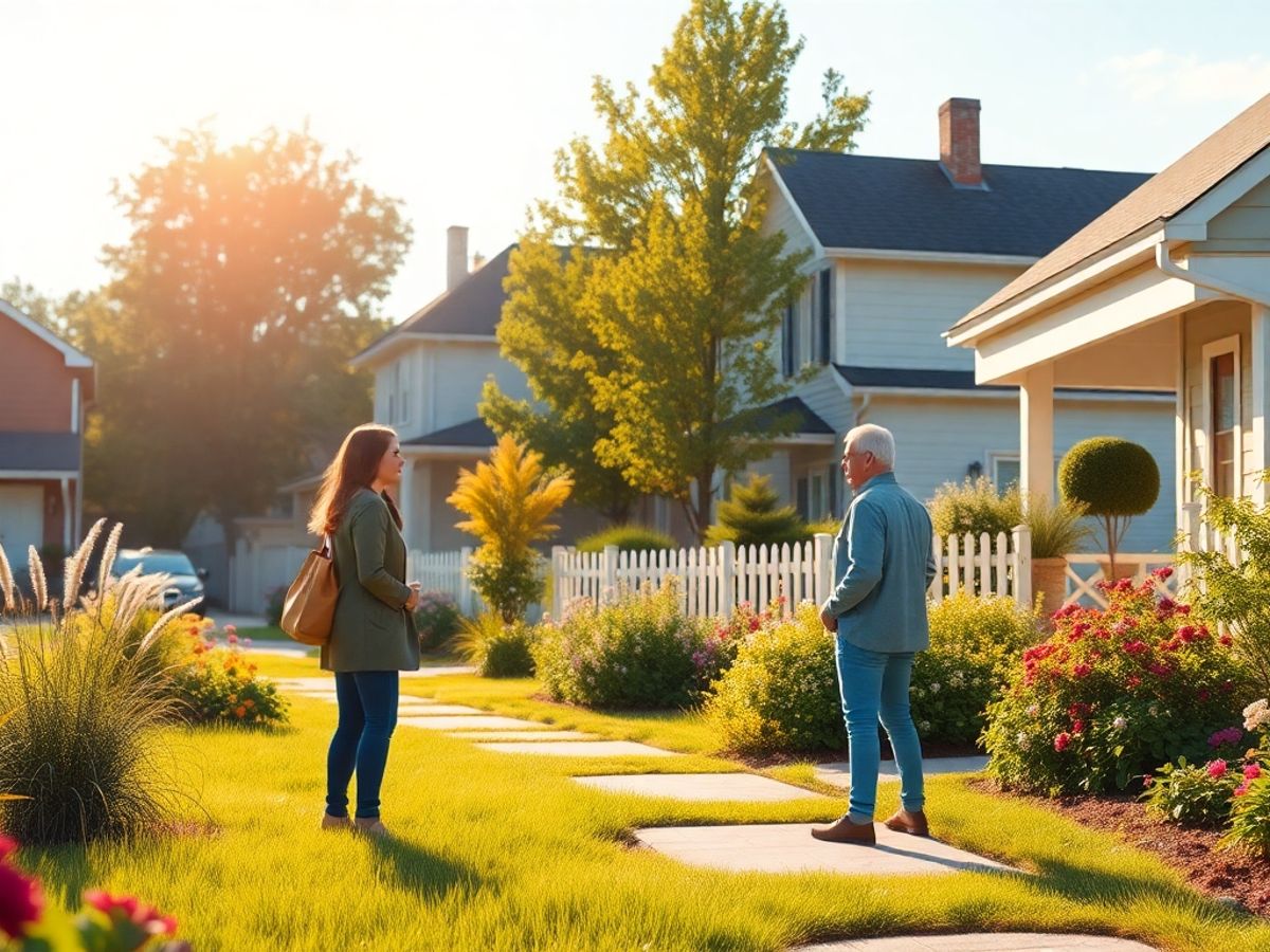 Două vecini discutând în grădină într-o atmosferă calmă.