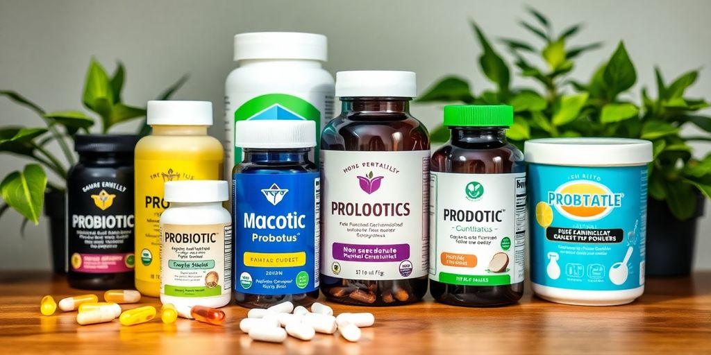 Assorted probiotic supplements on a wooden table.
