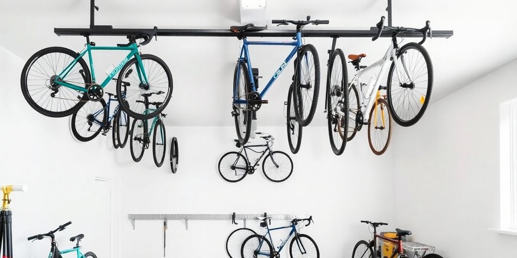 Organized garage with bikes on ceiling storage racks.