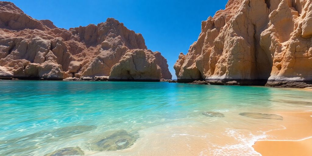 Secluded pristine Cabo beach, clear turquoise water, golden sand, rocky cliffs.