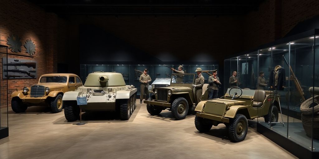 Vintage military vehicles, uniformed mannequins, historic artefacts.