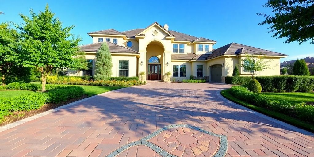 Elegant paver driveway with attractive pattern and landscaping.