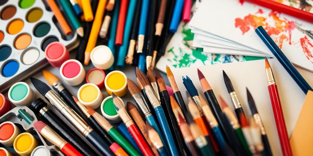 Colorful art supplies arranged attractively.