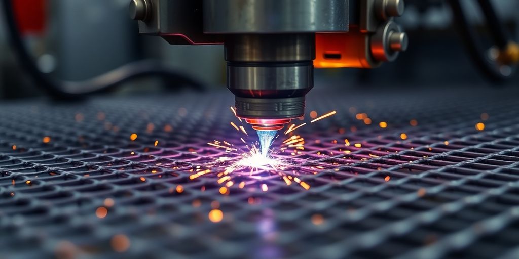 Mesh welding machine performing intricate metal fusions.