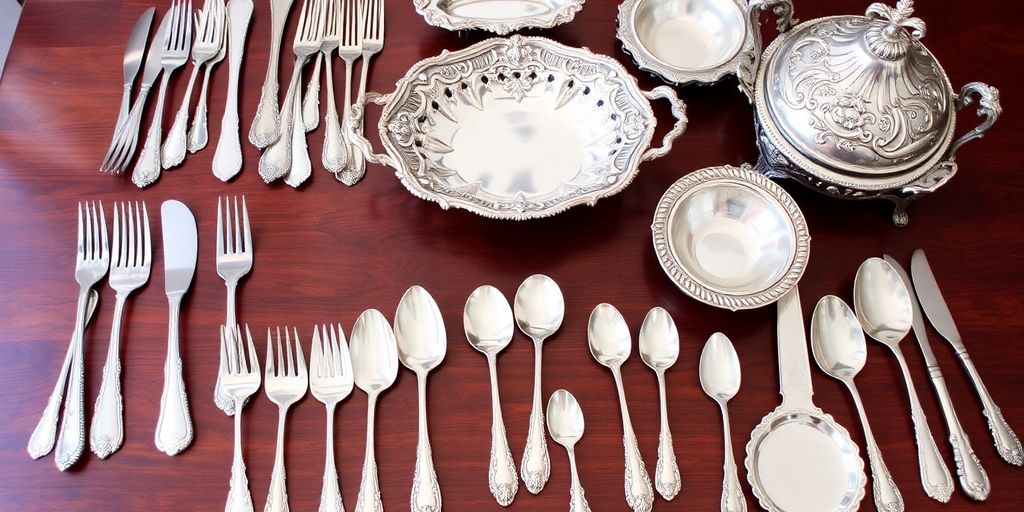 Collection d'argenterie sur une table en bois.