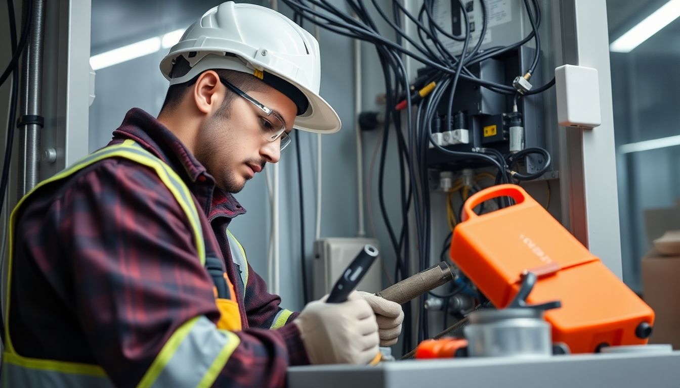 Electrician working safely on commercial electrical systems.