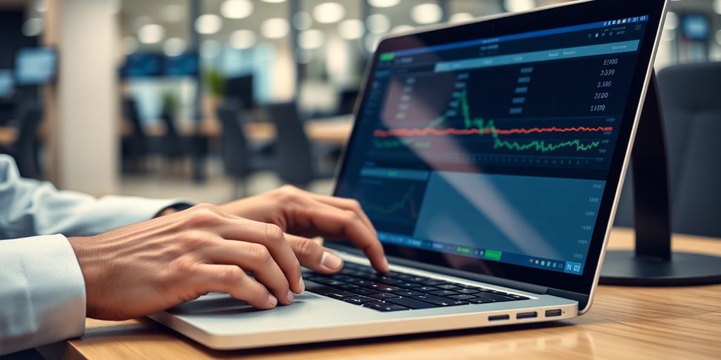 Trader placing options orders on a laptop in office.