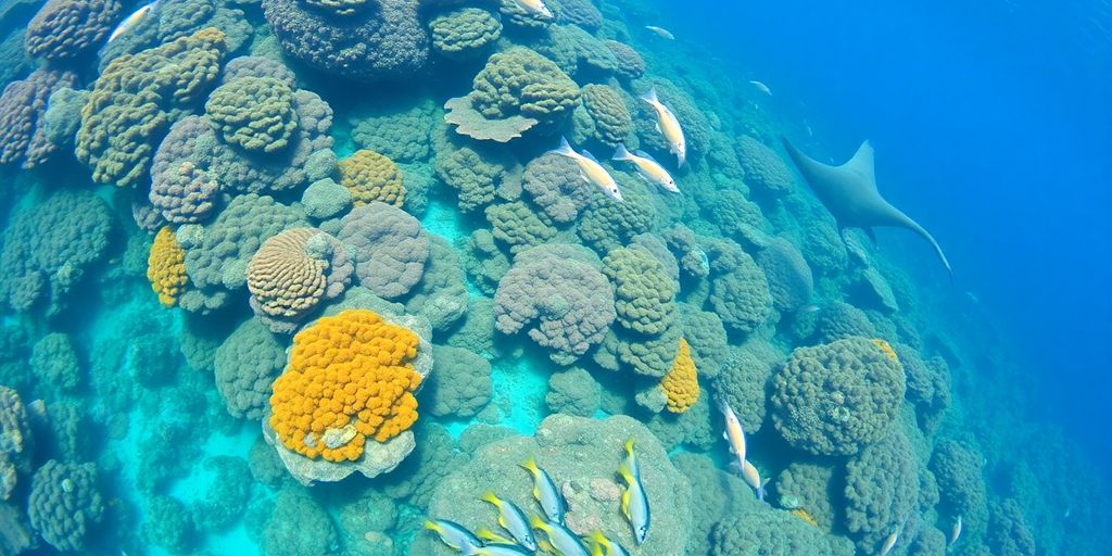 Underwater scene in Komodo with colorful fish and corals.