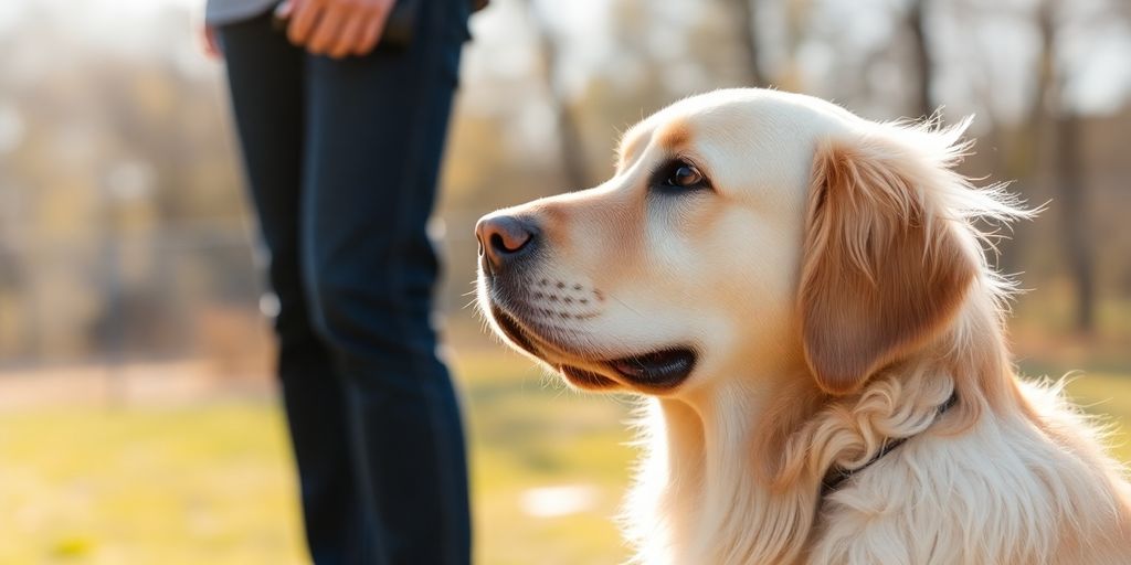 Happy dog and owner training outdoors.