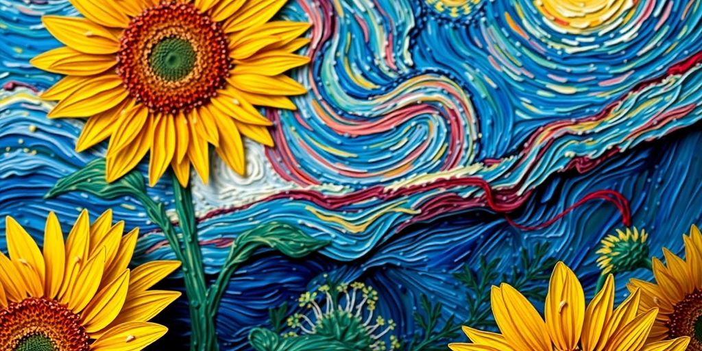 Close-up of Van Gogh's colorful brush strokes and textures.