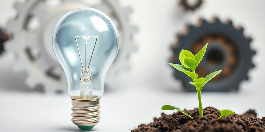 Lightbulb, gears, and growing plant.