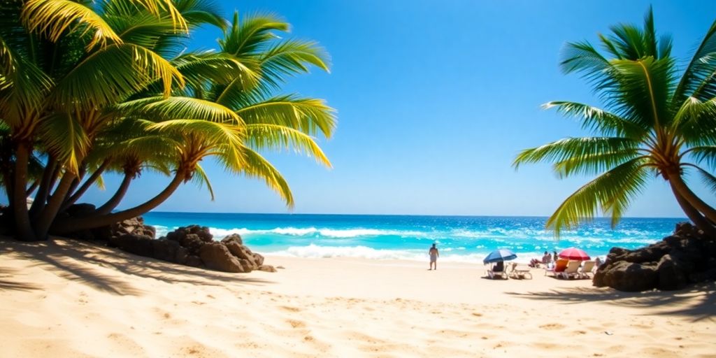 Sunny beach with clear blue water and palm trees.