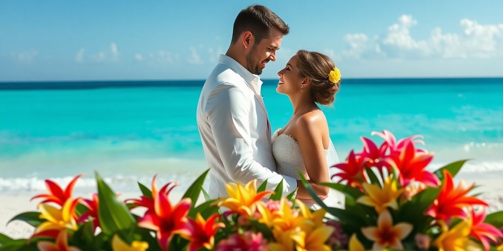 Couple embracing on a beach with tropical flowers