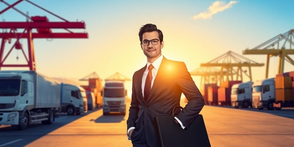 Man in suit, briefcase, trucks, shipping containers