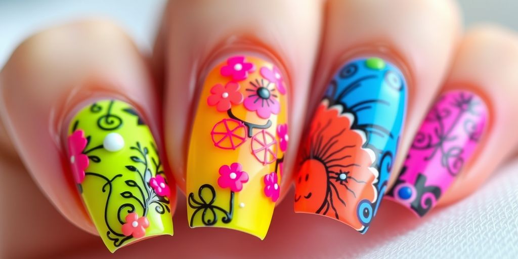 Unhas decoradas com esmalte neon colorido.