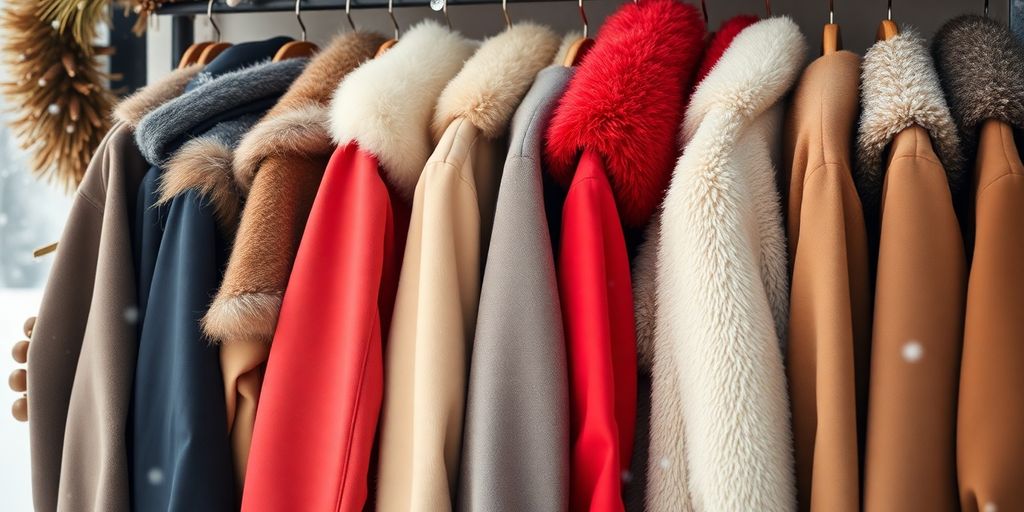 Een collectie warme winterjassen in verschillende kleuren.