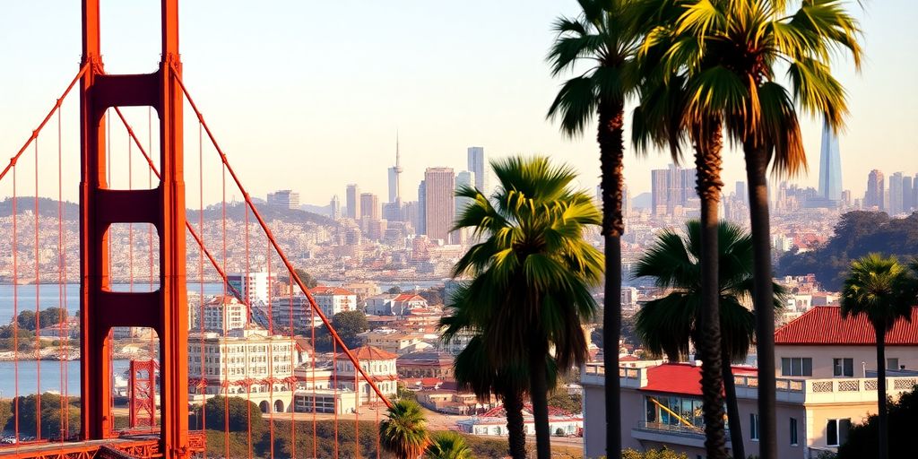 Golden Gate Bridge, San Francisco skyline, palm trees.