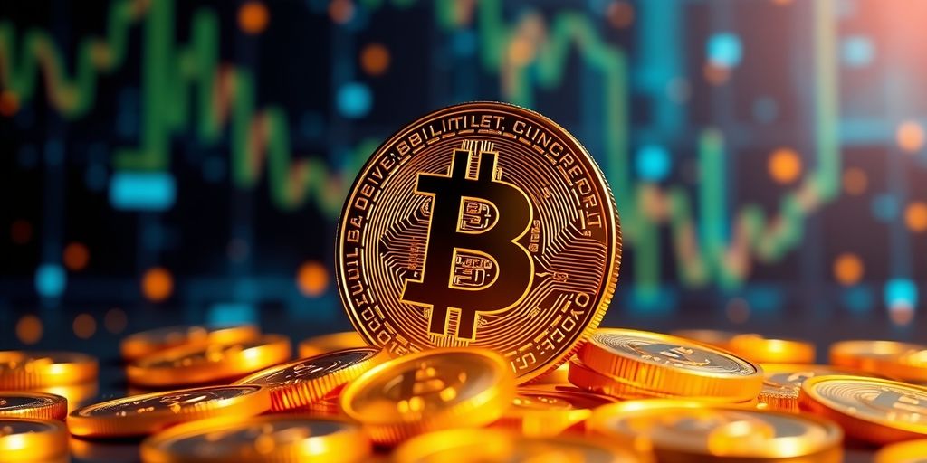 Imagem de moedas Bitcoin sobre fundo futurista. O que é Bitcoin? Descubra como essa Moeda Digital 