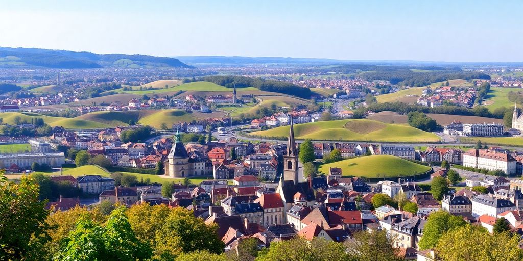 Maastrichts heuvelachtige landschap met een stad aan de horizon.
