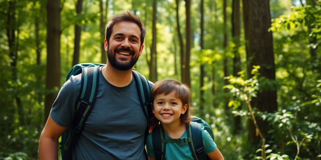 Dad and child hiking in a green forest.