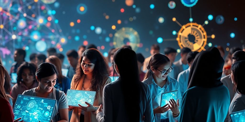 People interacting with glowing digital interfaces, symbolizing societal change.