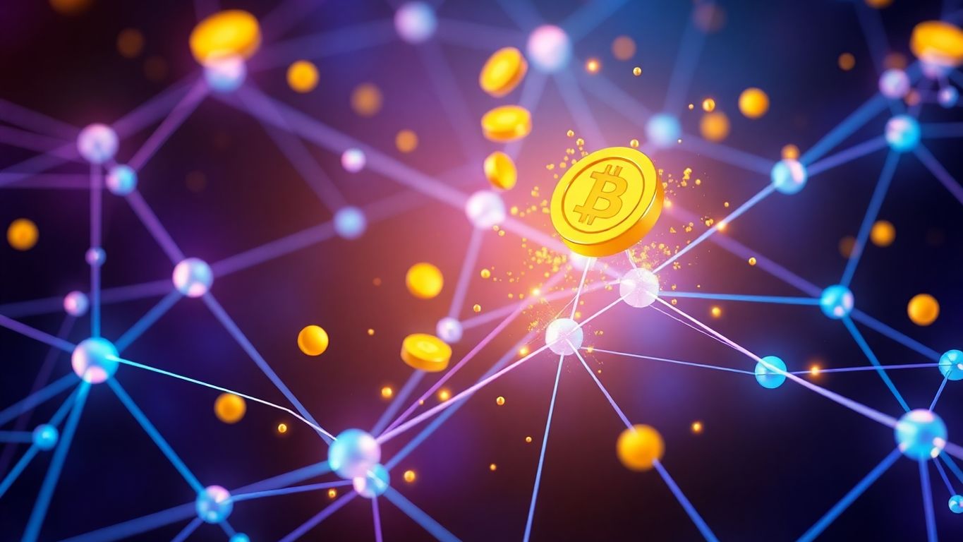 Three dimensional coins floating above a digital network.