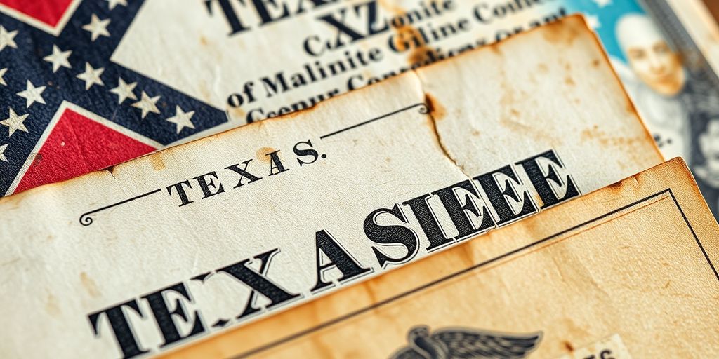 Old Texas Confederate currency with intricate designs.