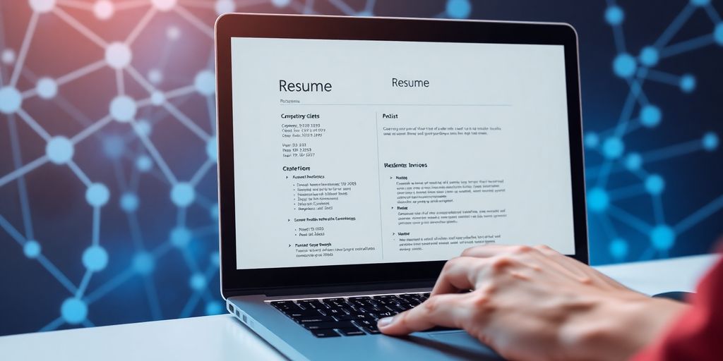 Resume on screen, person typing, digital connections