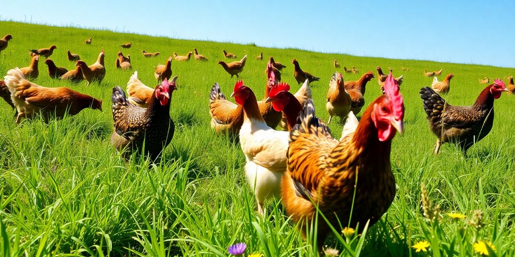 Chickens foraging in a green pasture under blue sky.