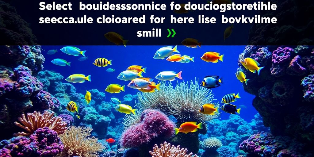 Colorful reef fish swimming among corals in an aquarium.