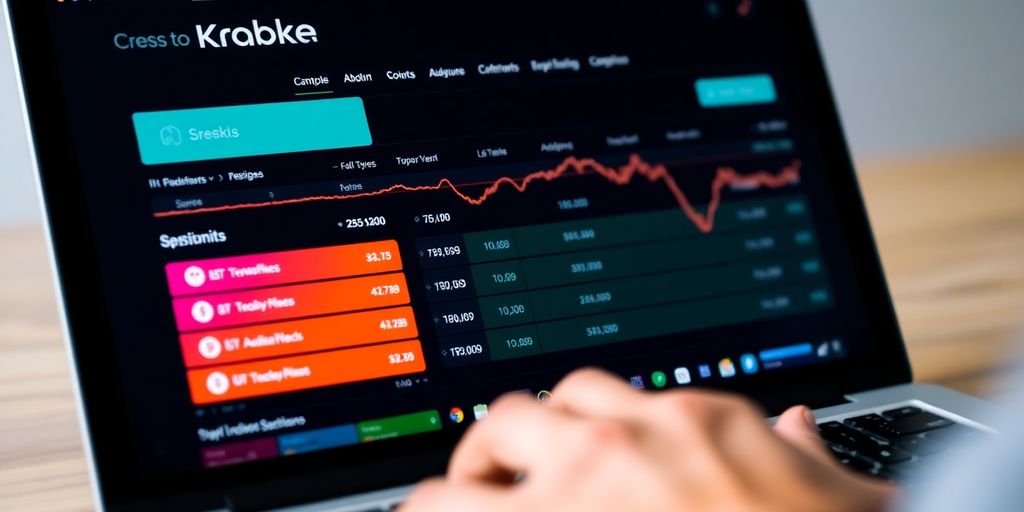 Laptop displaying Kraken crypto exchange interface with user interaction.