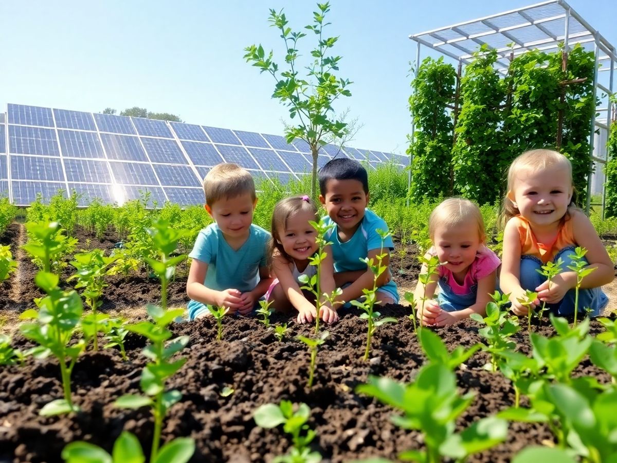 Copii plantând copaci, energie solară, fermă verticală urbană durabilă.